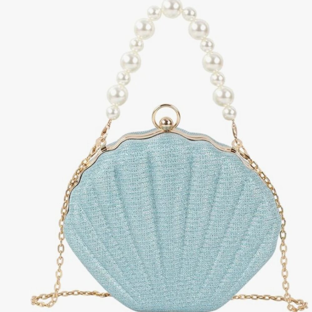 Women’s Seashell-Shaped Evening Bag Purse with Chain & Pearl Straps